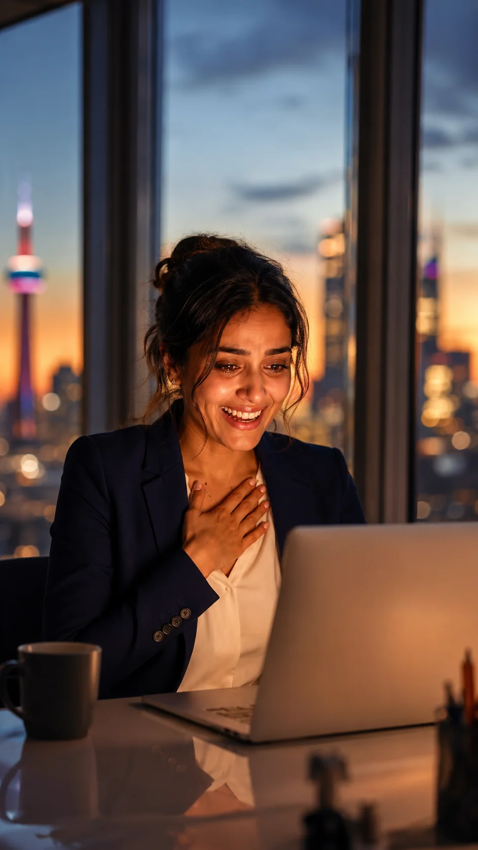 Immigrant professional celebrating her job offer in Toronto
